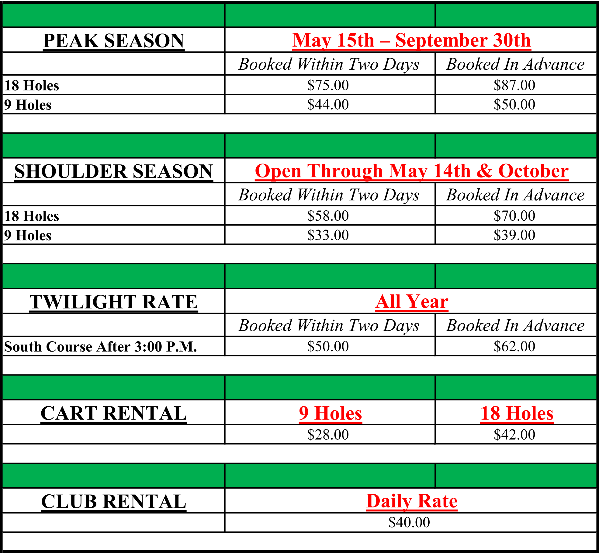 Rates Whitefish Lake Golf Club